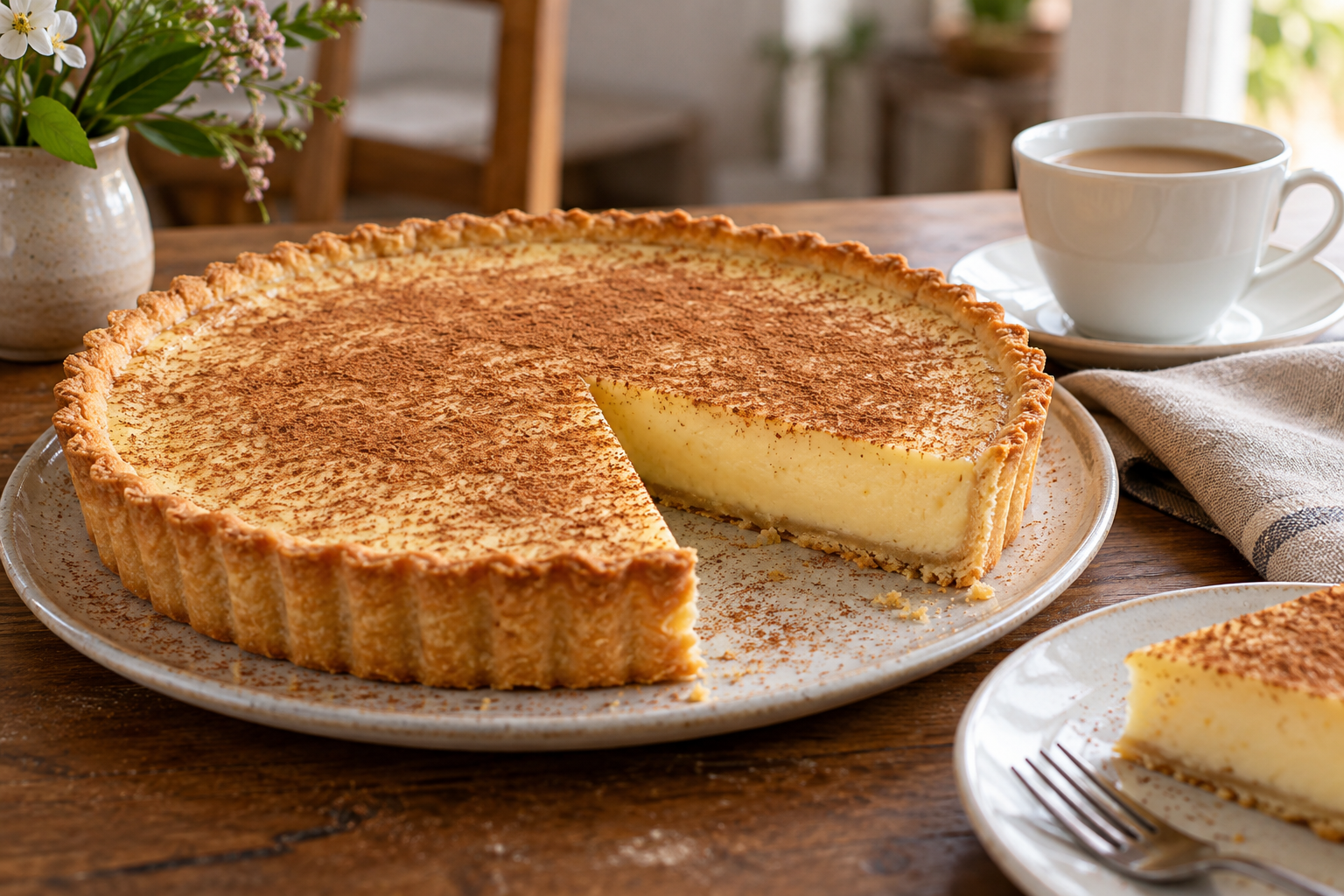 A cinnamon-dusted milk tart for the tea table
