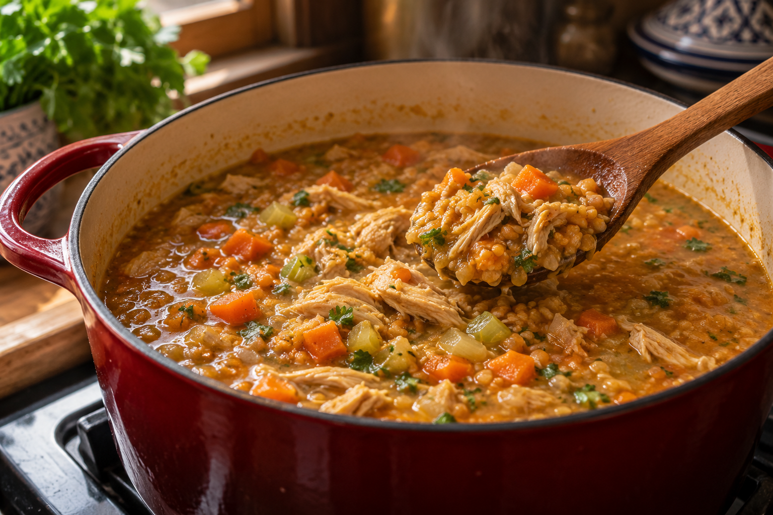 Red-lentil and chicken soup simmering for the evening meal