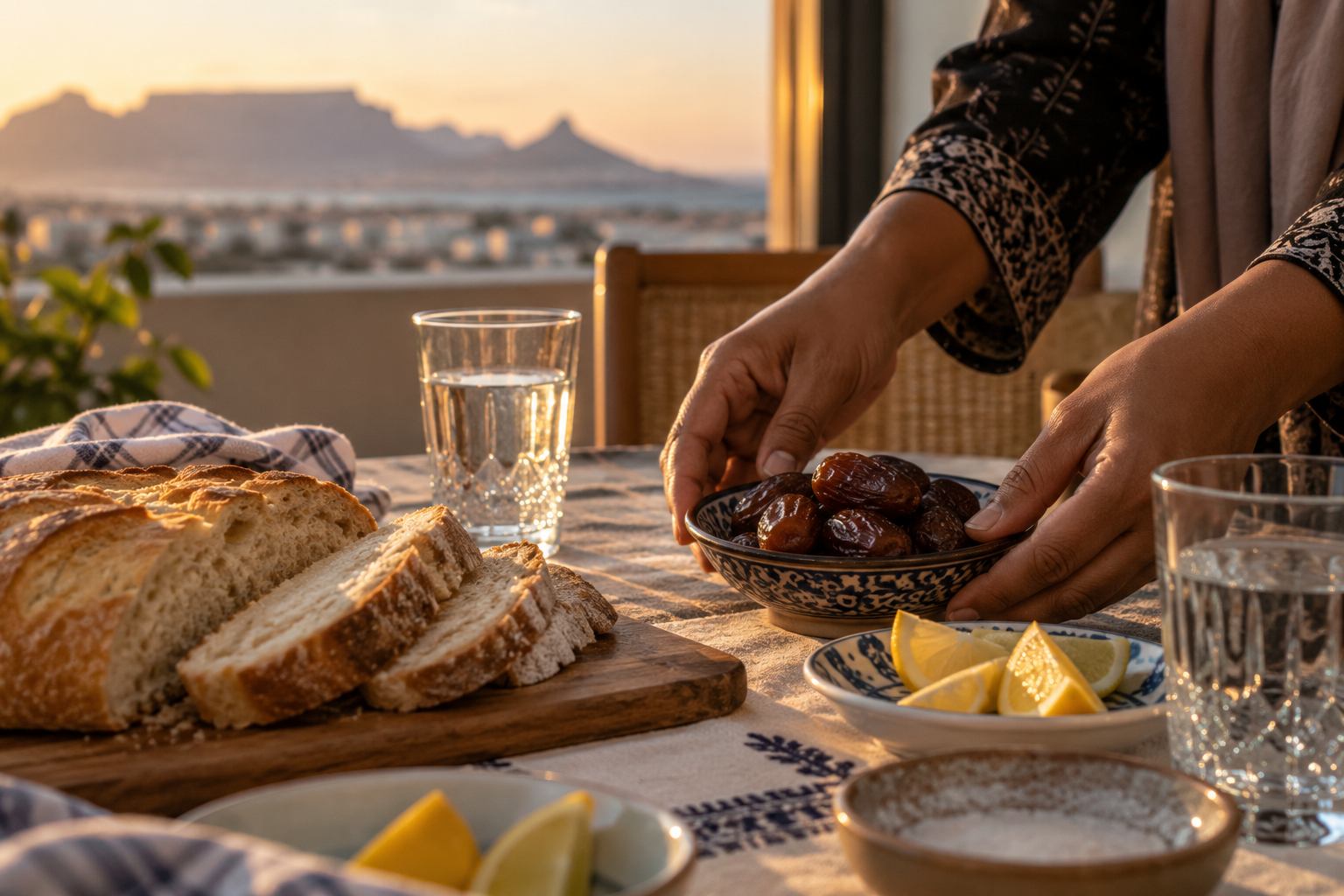 Dates, water, lemon and bread set out quietly before sunset