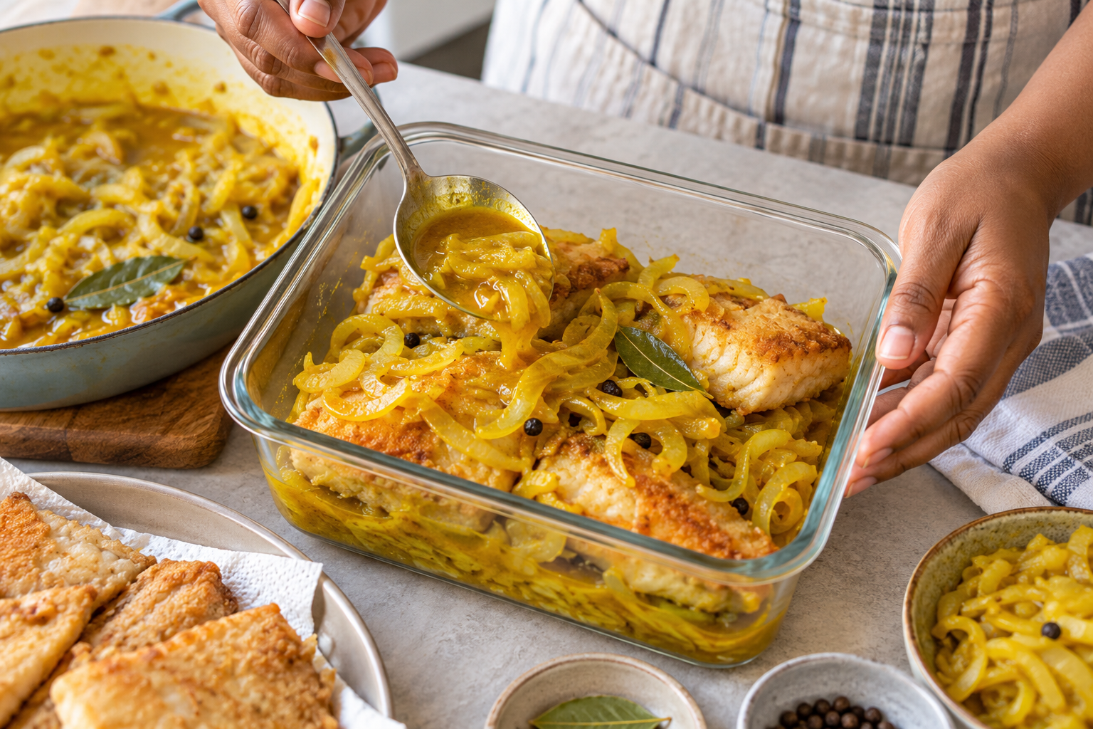 Fish and golden curried onions being layered in a glass dish