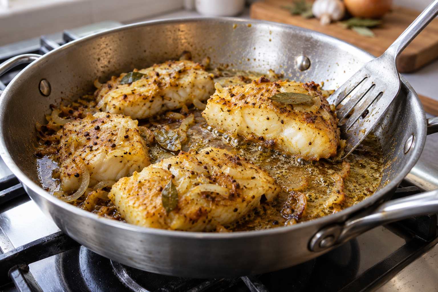 Firm white-fish portions frying lightly before pickling