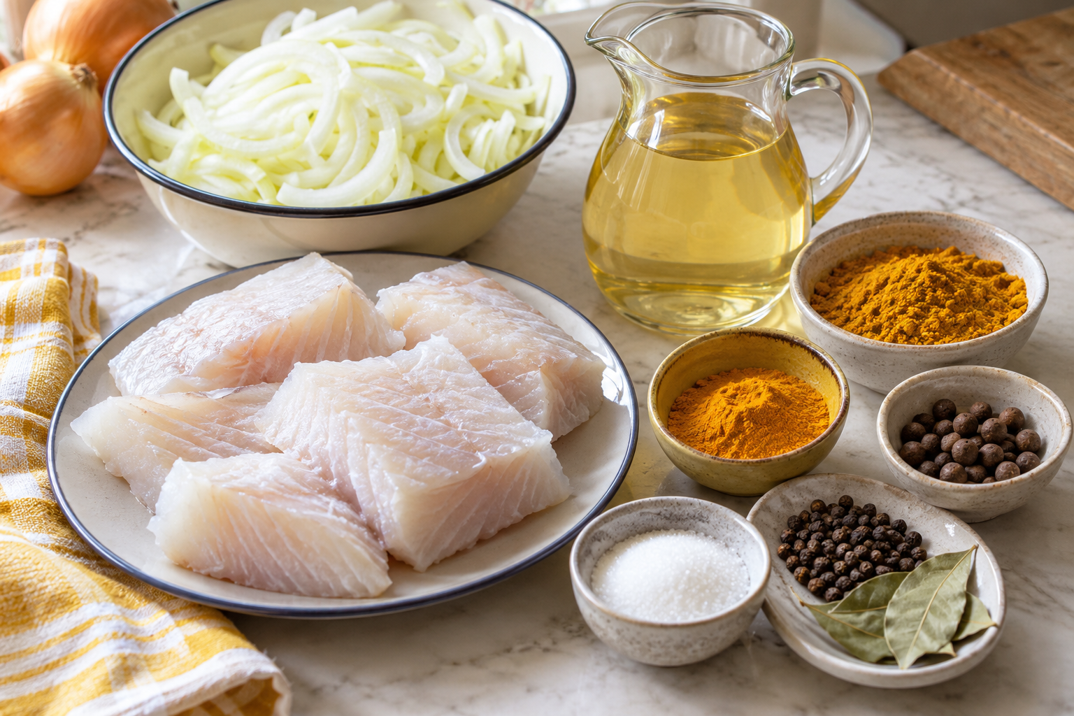 White fish, onions, vinegar and warm spices prepared for pickling