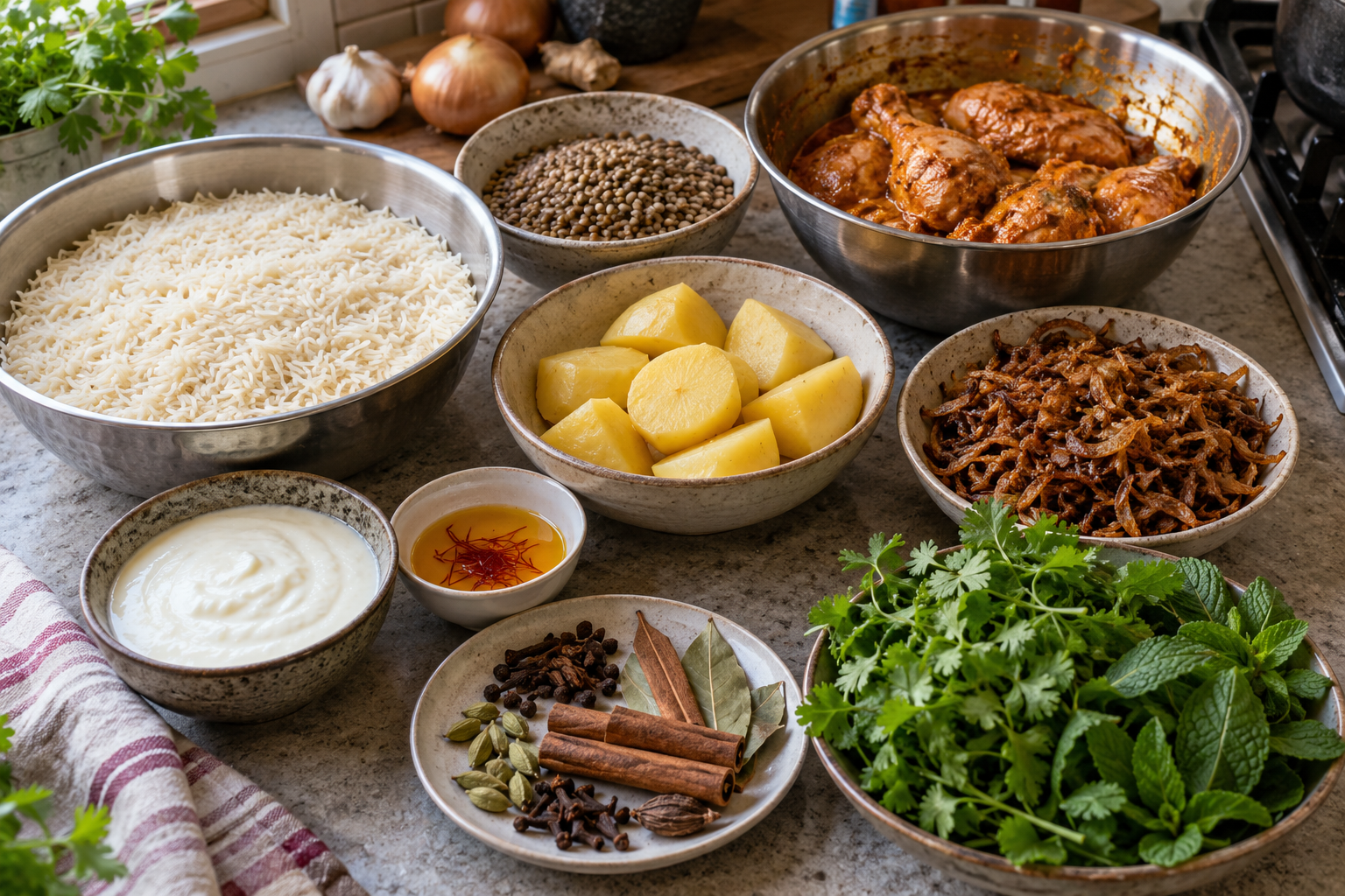 Rice, lentils, chicken, potatoes and spices measured for a large breyani
