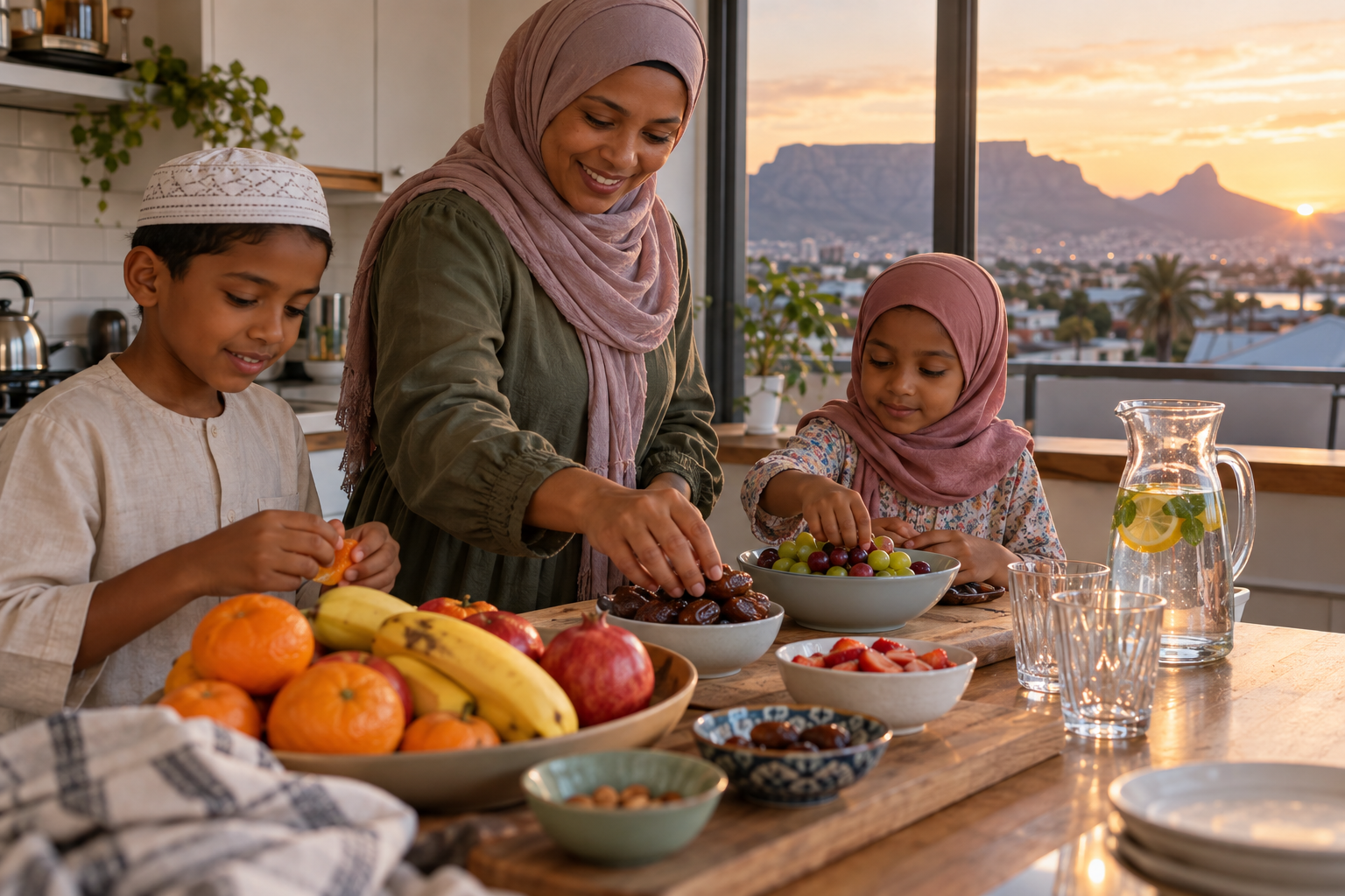 Children helping prepare fruit, dates and water before sunset