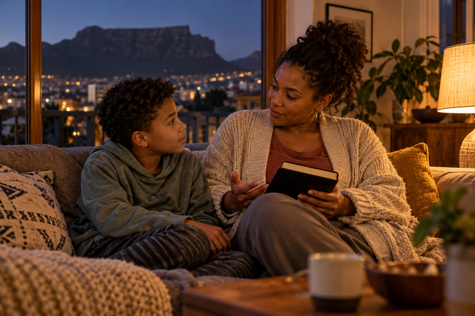 A quiet parent-and-child conversation after sunset