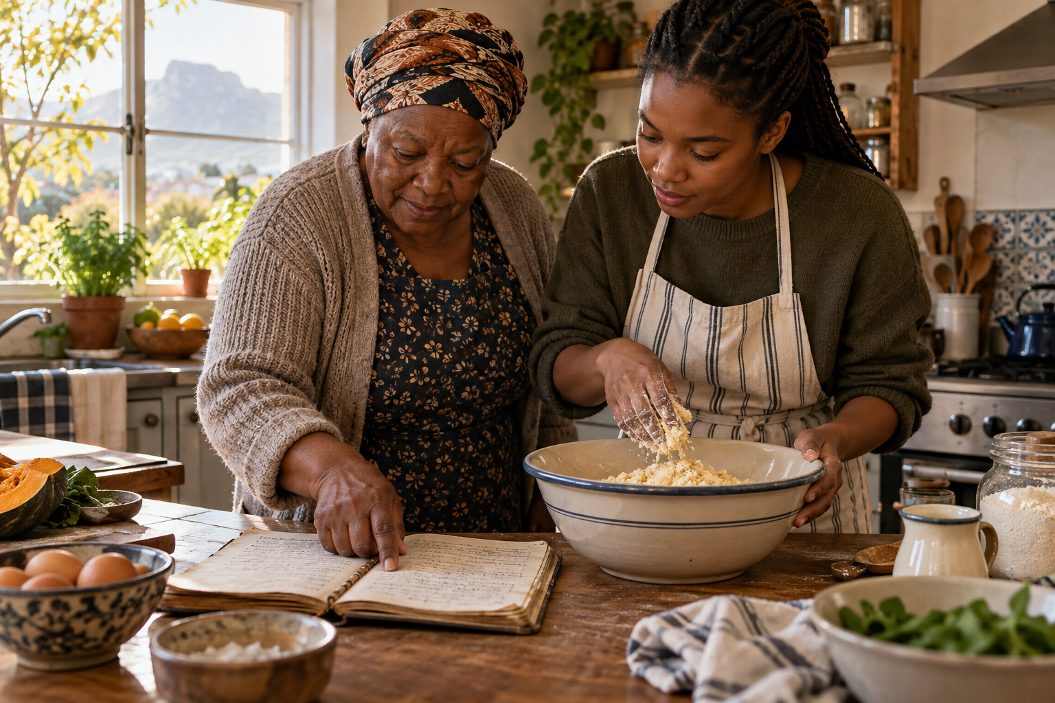 Two generations cooking while consulting a family notebook