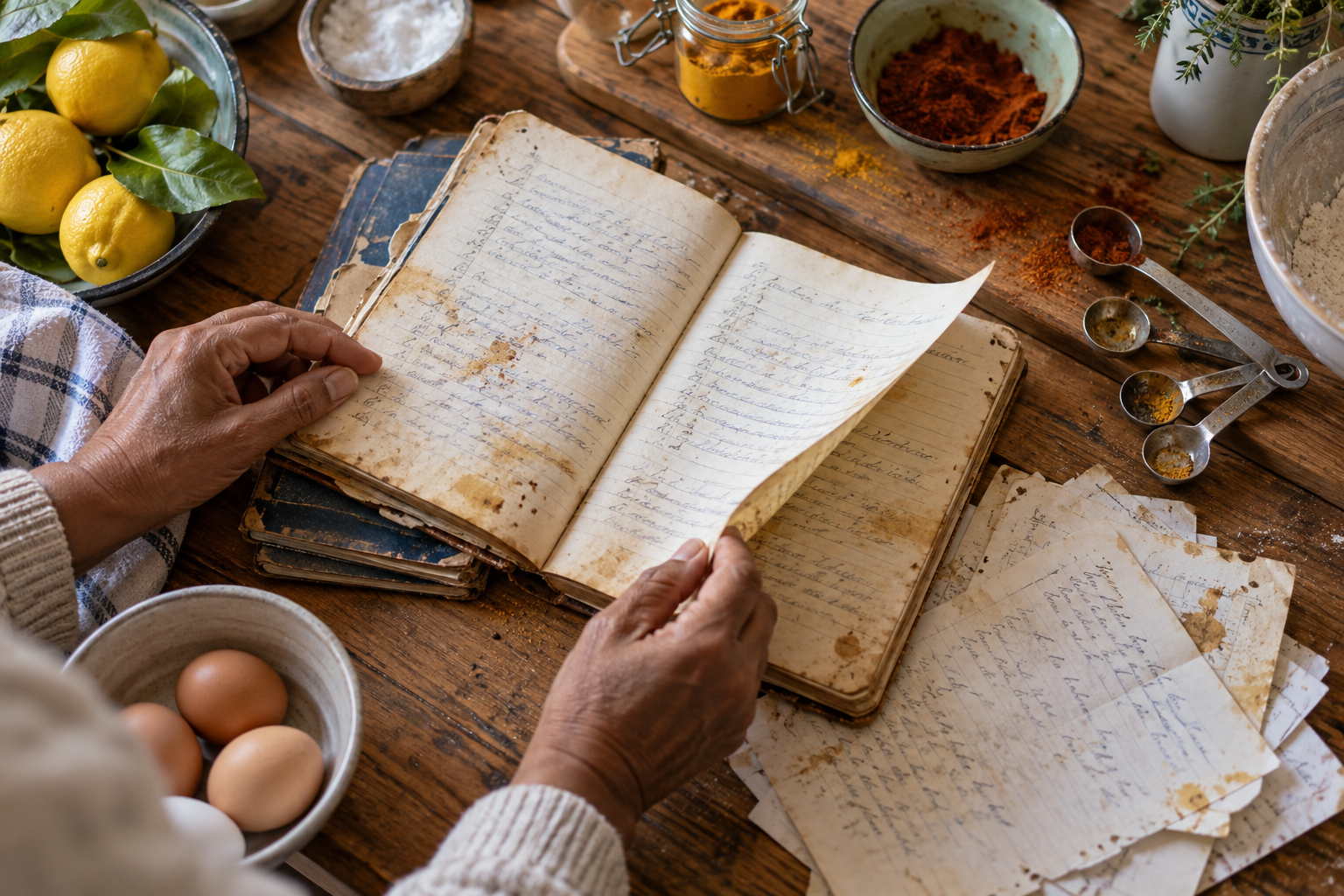 Worn handwritten recipe pages carrying the marks of use