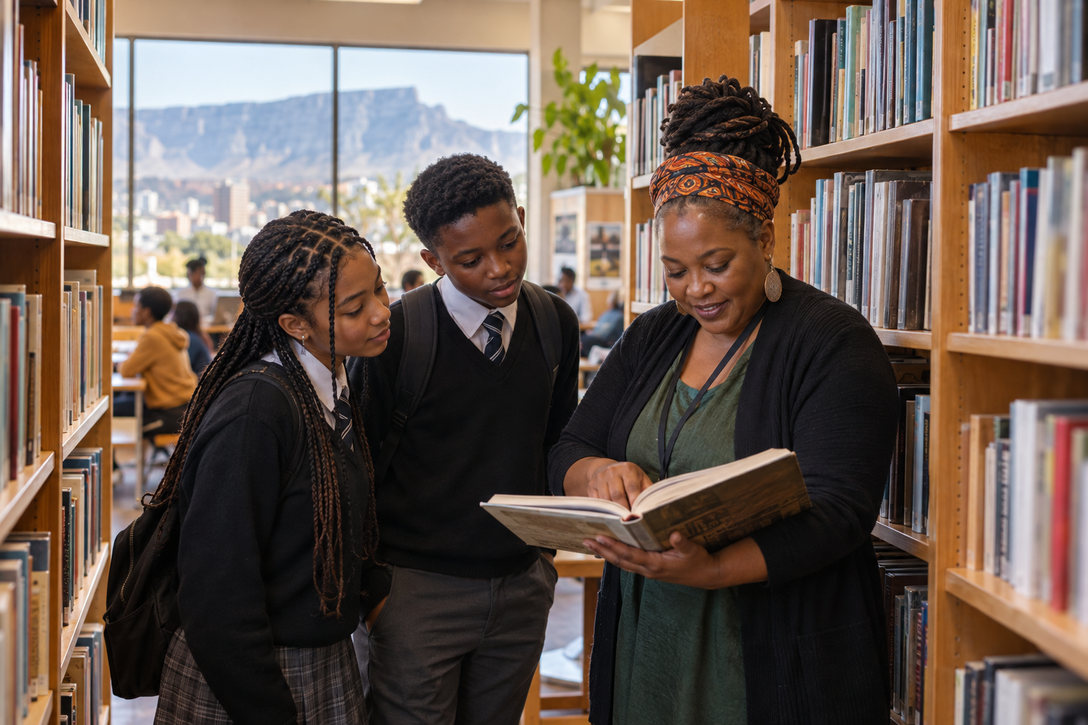 Shared schoolwork underway around a library study table