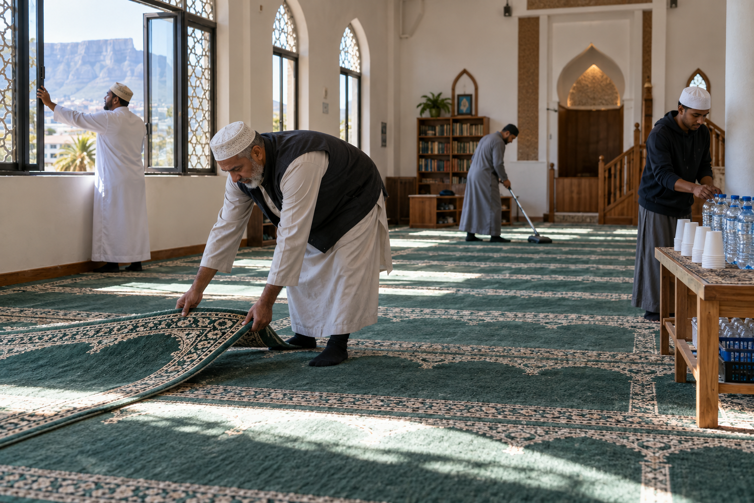 Volunteers preparing a Cape Town mosque before Friday prayer