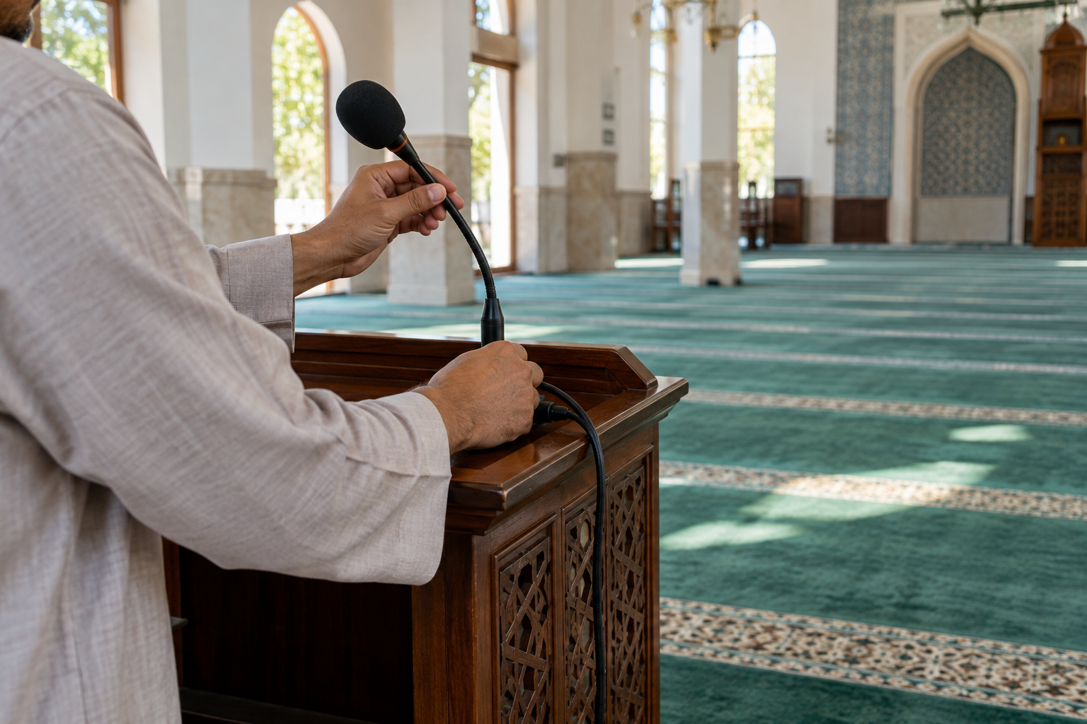 A volunteer checking simple sound equipment in the empty hall